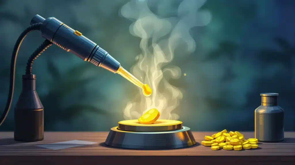 Scene illustrating the dabbing of THCA badder using a dab tool and heated nail, highlighting a clean and sophisticated consumption method.