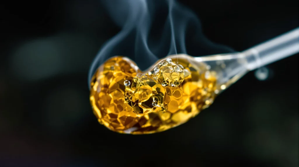 Macro shot of THCA dab melting on a quartz banger, showcasing the purity and smooth vapor of THCA dabs.