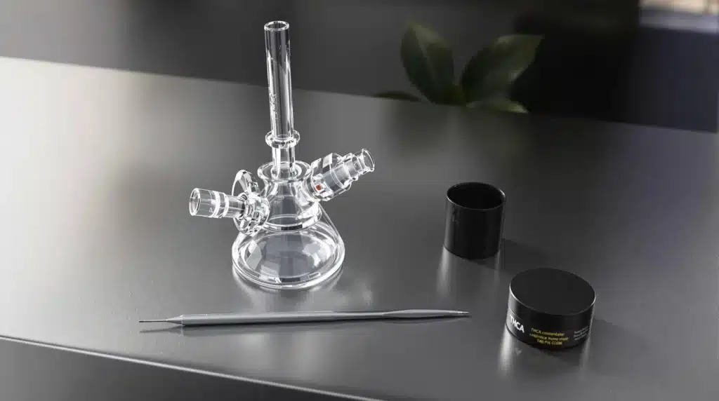 Sleek setup with dab rig, dab tool, and THCA concentrate, illustrating a refined THCA dabs experience.
