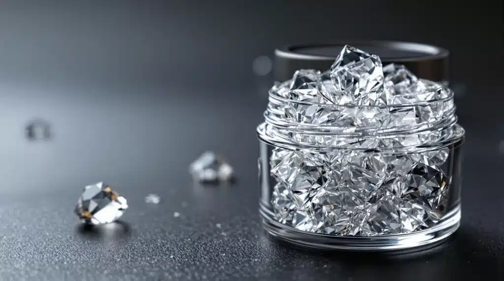 Clear glass jar filled with THCA diamonds.
