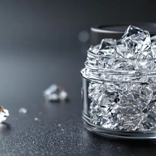 Clear glass jar filled with THCA diamonds.