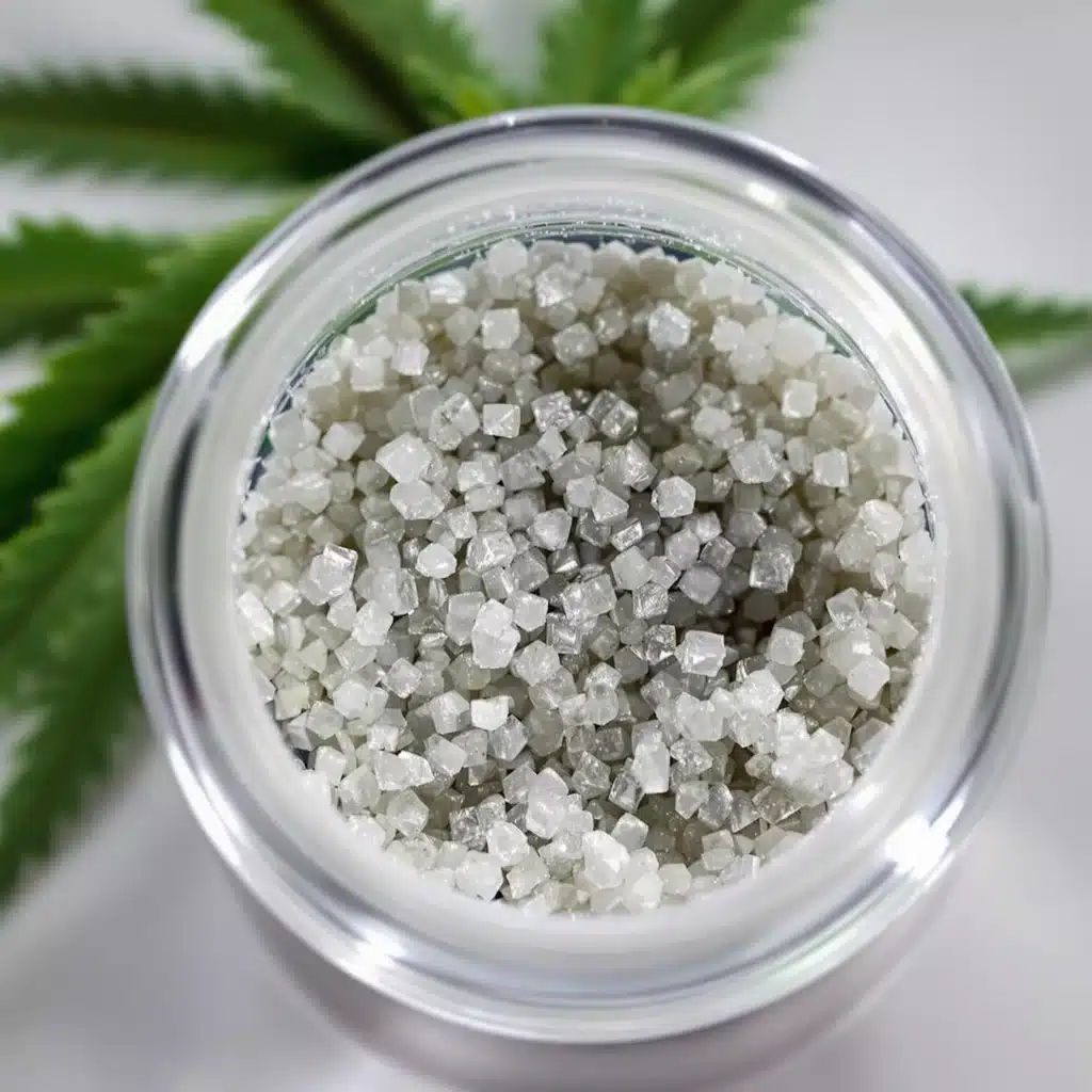 THCA isolate crystals in a small glass jar on a wooden table, surrounded by natural elements and sunlight.