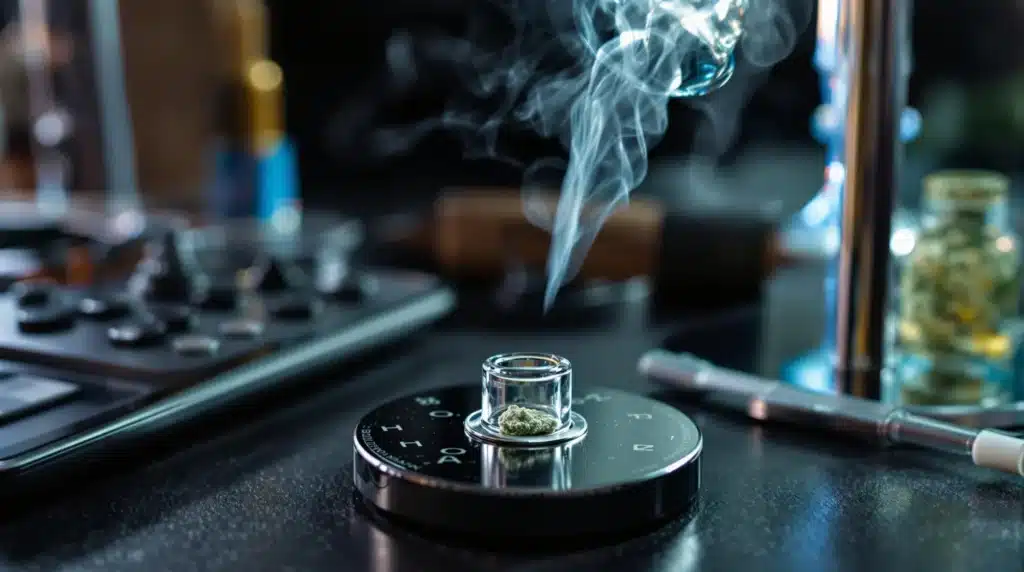 THCA isolate being vaporized on a dab rig, with sleek cannabis accessories in a stylish indoor setting.