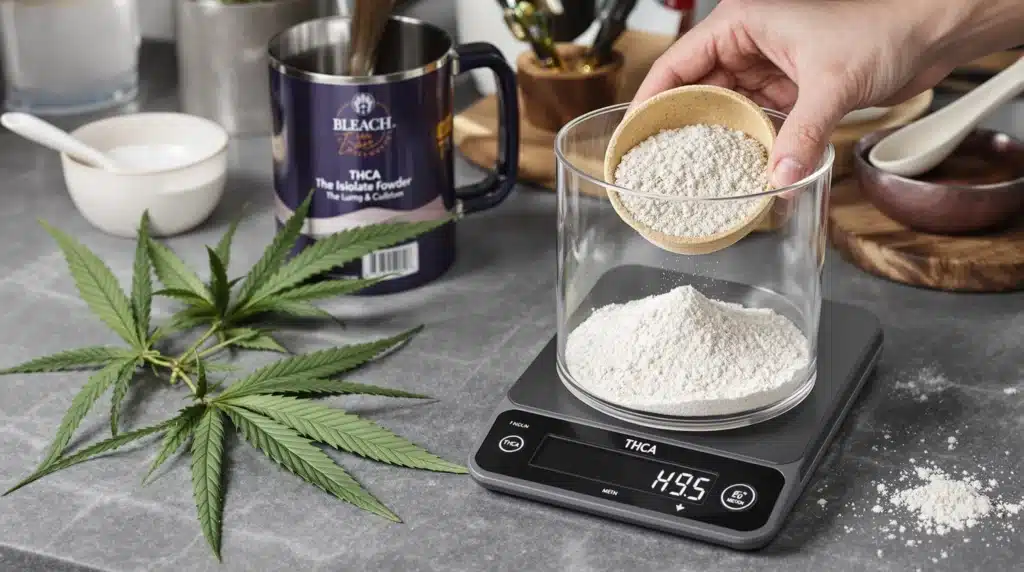 THCA isolate powder being weighed on a digital scale in a modern kitchen with cannabis leaves and measuring tools nearby