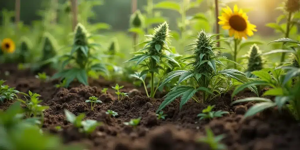 A field of cannabis plants thriving in a warm and humid climate, showcasing dense buds and vibrant green leaves during sunrise.