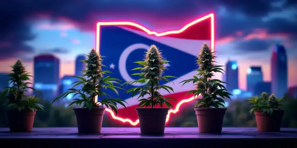 Healthy cannabis clones in Ohio with a city skyline and the Ohio state flag in the background.