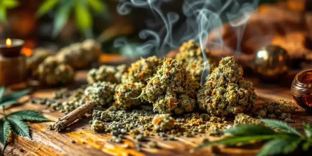 Close-up of high-quality cannabis buds with a rich texture and trichomes, releasing aromatic smoke on a rustic wooden surface.