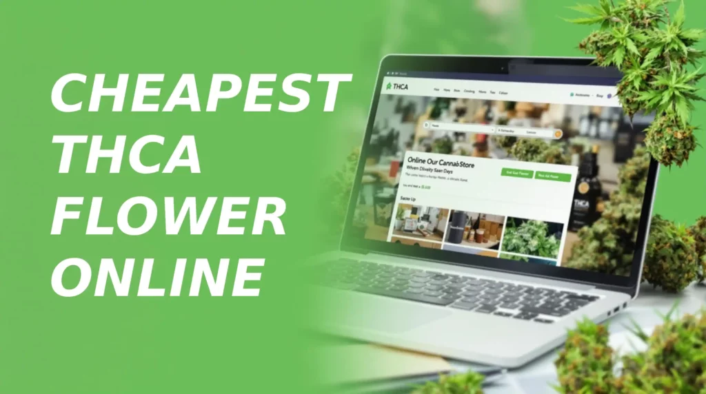 Shopping for the cheapest THCA flower online displayed on a laptop with cannabis products in the background.