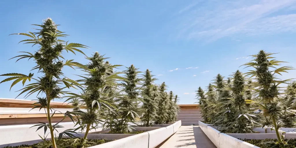 Outdoor cannabis cultivation in elevated garden beds under blue sky

