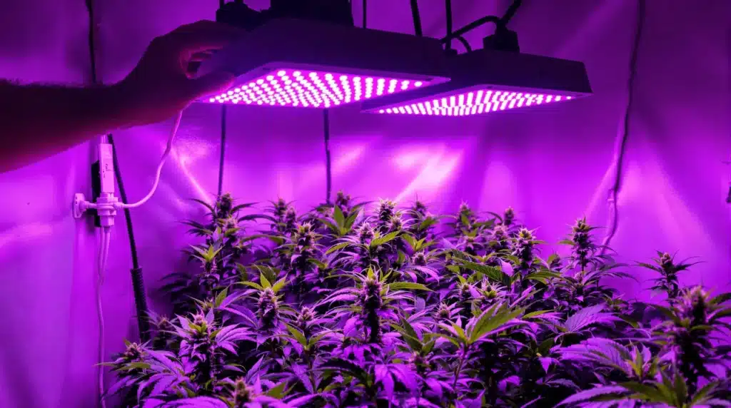 Grower adjusting lights for an Autoflower 18/6 setup with thriving cannabis plants.