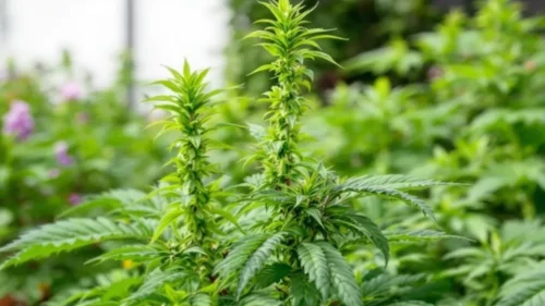 Autoflowers outside in a lush green garden, thriving among other vegetation under natural sunlight.