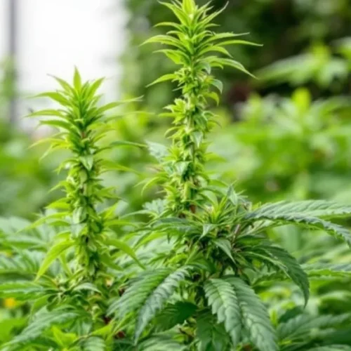 Autoflowers outside in a lush green garden, thriving among other vegetation under natural sunlight.