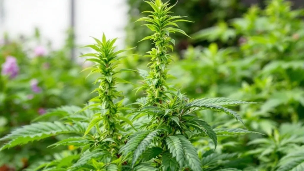 Autoflowers outside in a lush green garden, thriving among other vegetation under natural sunlight.