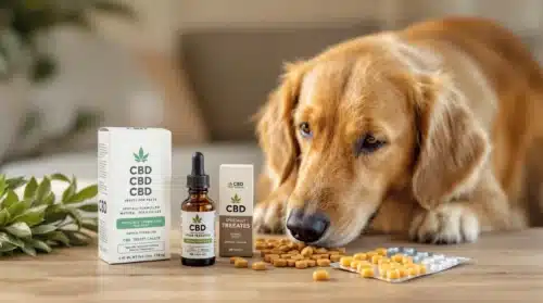 A dog sniffing CBD treats and oil, ideal for stress relief.