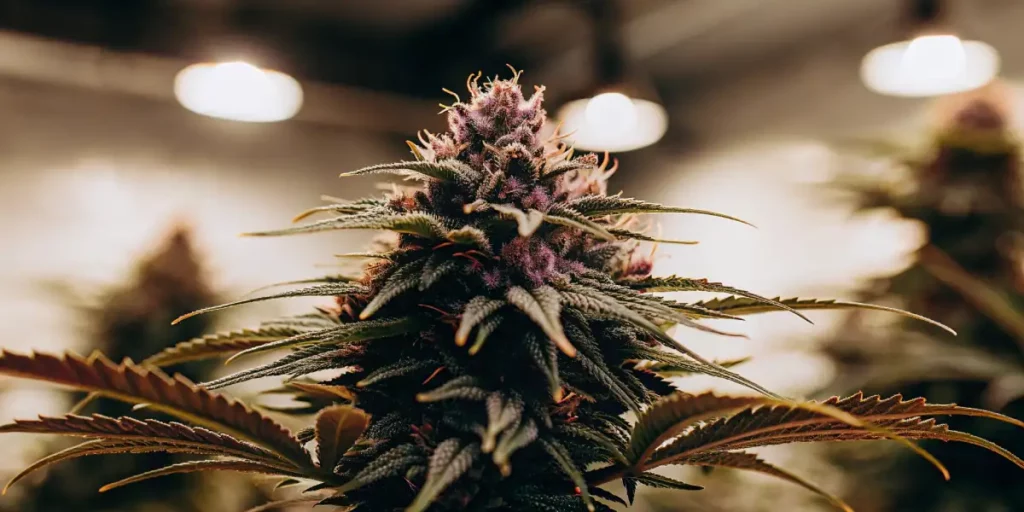 Close-up of a cannabis bud growing in a controlled indoor environment with overhead lighting.