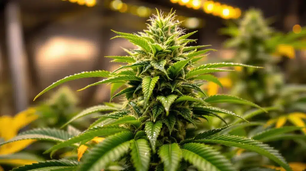 Close-up of cannabis plant with dense buds during the flowering stage.