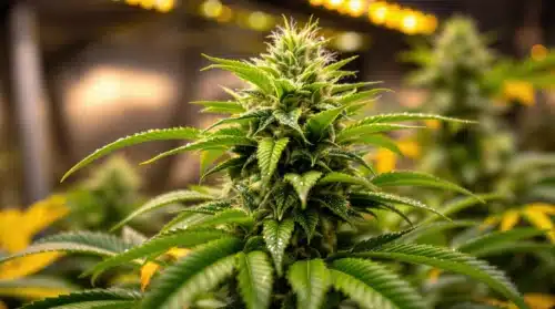 Close-up of cannabis plant with dense buds during the flowering stage.