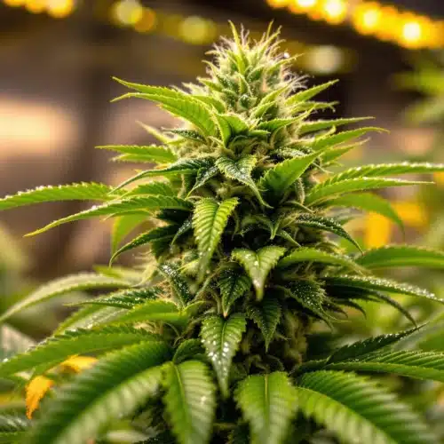 Close-up of cannabis plant with dense buds during the flowering stage.