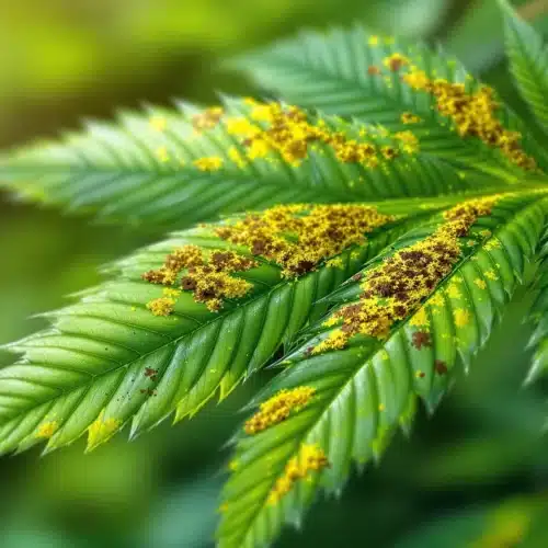 Close-up of cannabis leaves turning yellow with brown spots due to nutrient or pest issues.