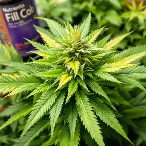 Cannabis plant with leaves turning light green and yellow tips, possibly due to nutrient deficiency.