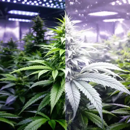 Cannabis plant showing white leaves due to light stress in an indoor grow setup.