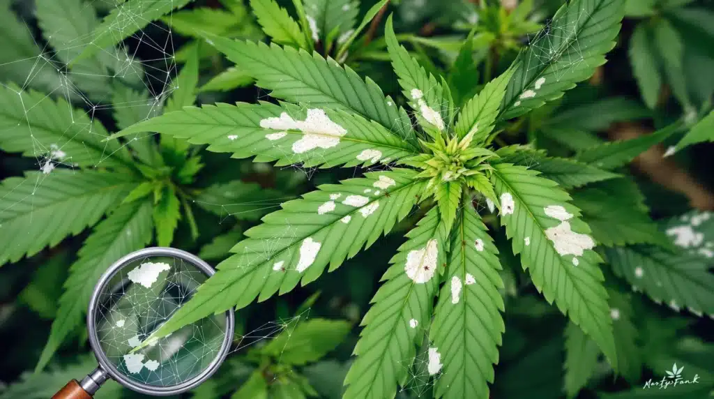 Cannabis leaves with white spots, indicating damage from spider mites.
