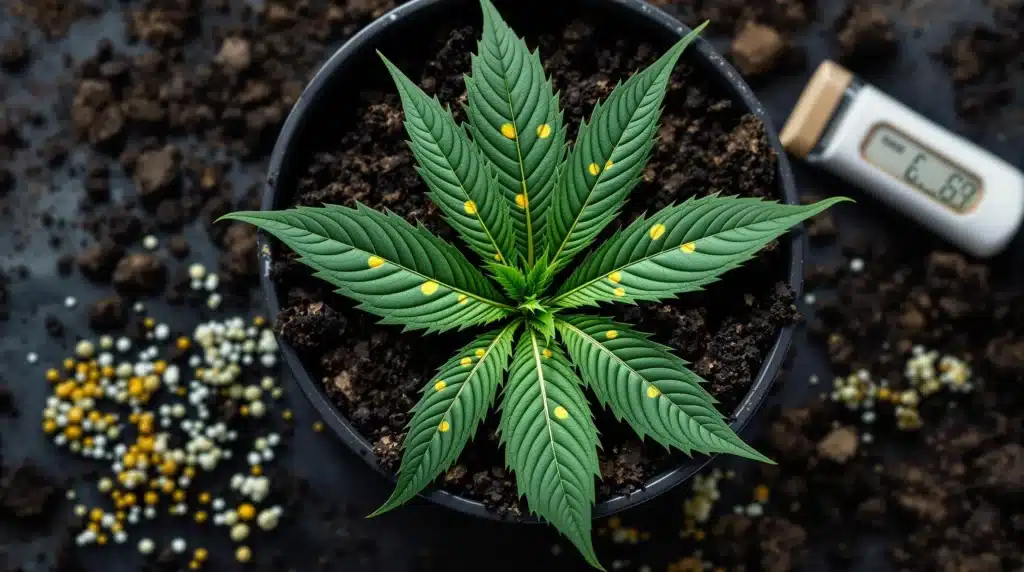 Cannabis leaves showing yellow spots, indicating nutrient deficiency or pests.