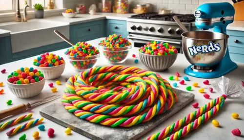 Colorful cannabis-infused Nerds Rope edibles in a kitchen setting with bowls of candy, a mixer, and a coiled candy rope centerpiece