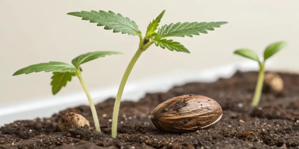 Cannabis seedling emerging from soil with its first true leaves, alongside a seed shell.
