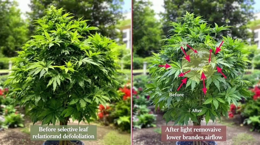 Cannabis plant showing before and after defoliation for better airflow.