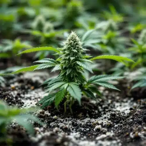 Cannabis plants with diatomaceous earth applied to soil for natural pest management and improved growth
