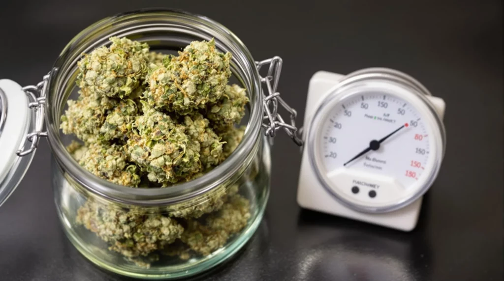 Curing jar with cannabis and a hygrometer maintaining humidity to address do trichomes mature after harvest.