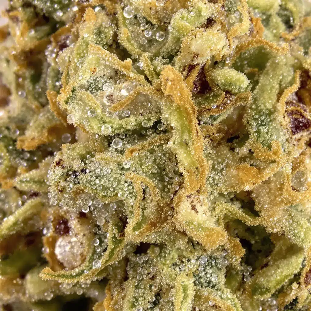 Trichomes on a cannabis flower showing clear, cloudy, and amber stages to explore do trichomes mature after harvest