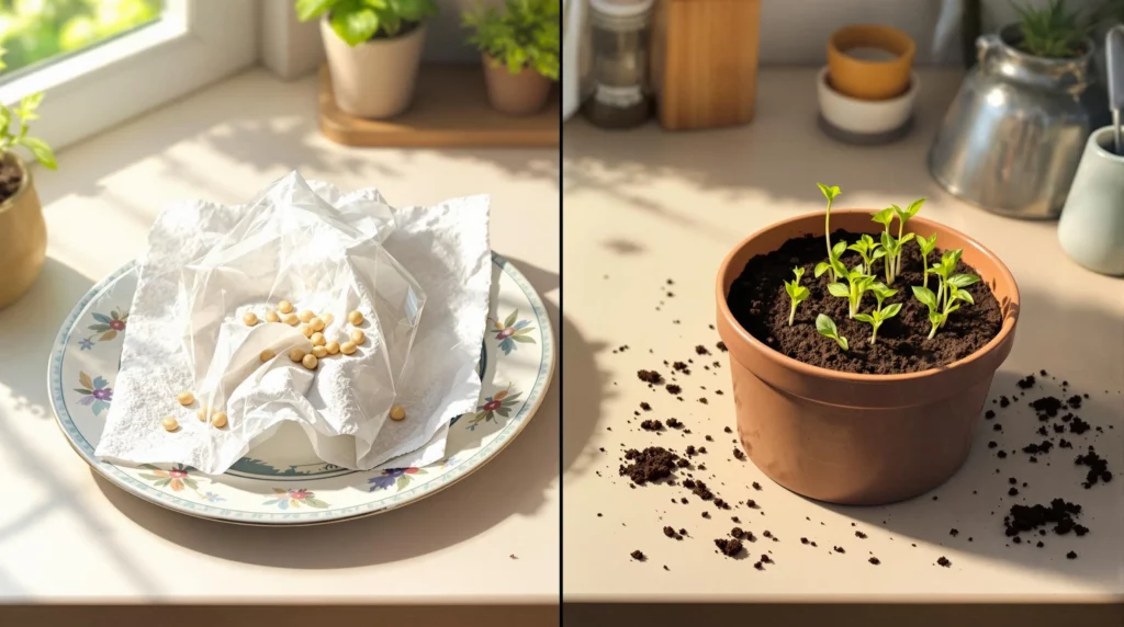 Soaked old seeds placed on paper towel for germination