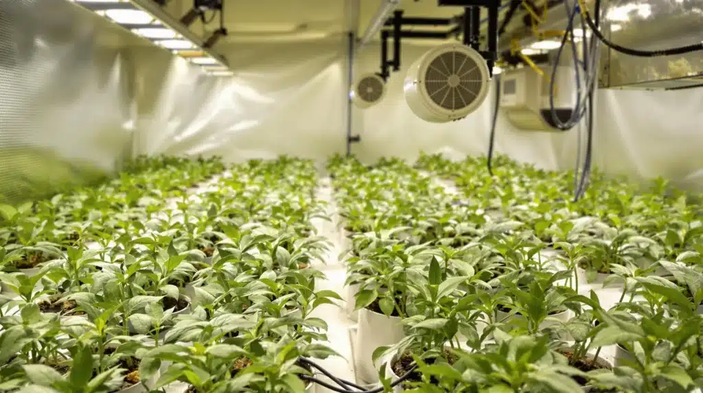 Well-maintained cannabis grow room with stable lighting and ventilation to avoid hermie pollen sacs.