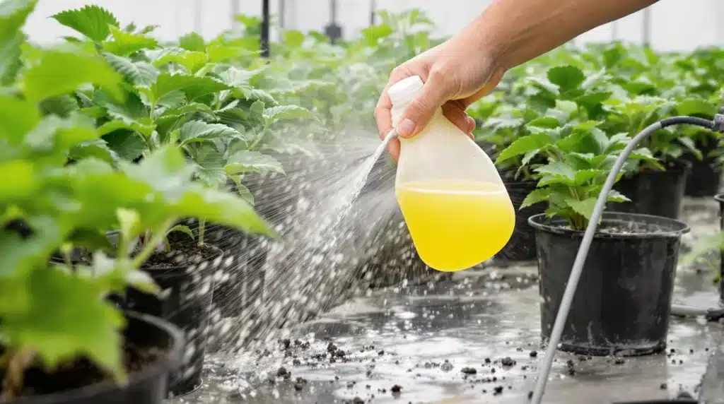 Irrigation system in a grow room being flushed with disinfectant to remove mildew spores.