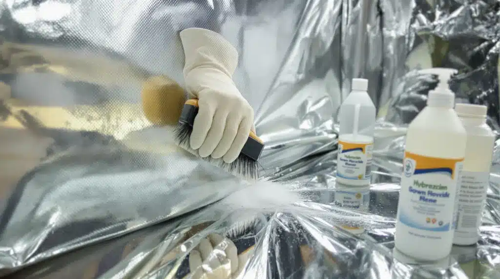 Grower cleaning reflective surfaces in a grow room to remove powdery mildew spores.