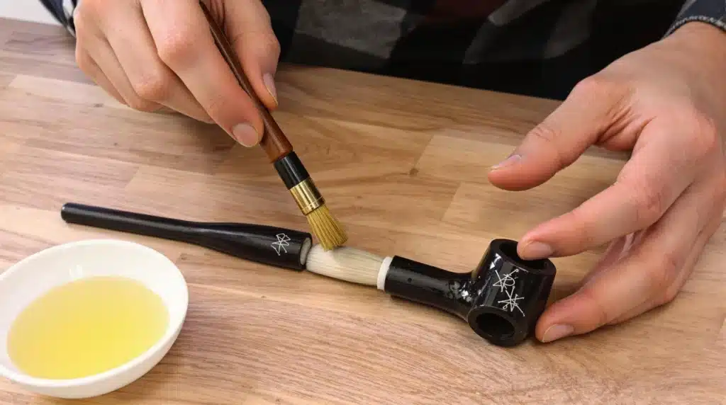 Cleaning a smoking pipe with a brush and lemon water as a non-alcohol solution.