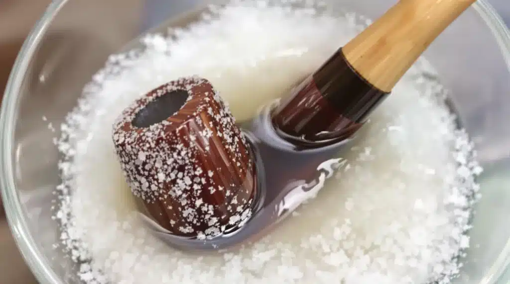 Smoking pipe soaking in boiling water and salt as a natural cleaning method.
