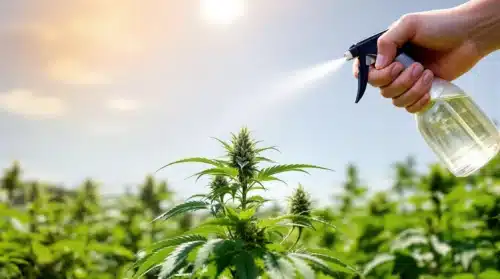 Outdoor cannabis plant treated with hydrogen peroxide spray for pest and mold control