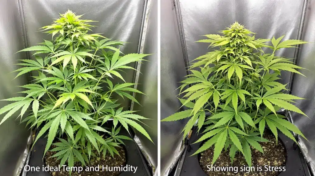 Comparison of autoflowers: one grown in ideal temp and humidity and another showing stress.