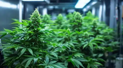 Cannabis autoflower plants growing indoors under LED lights.