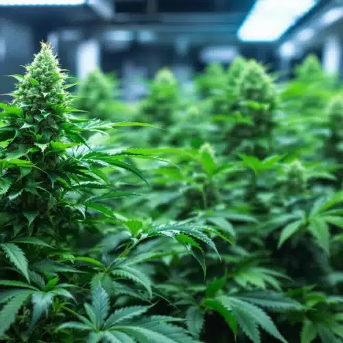Cannabis autoflower plants growing indoors under LED lights.