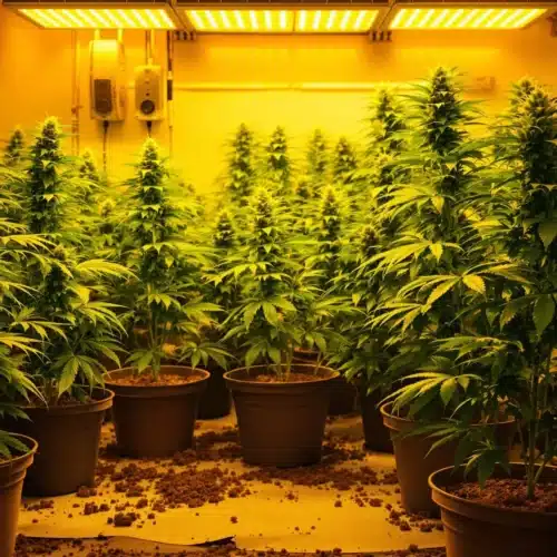Indoor cannabis grow room with healthy plants under LED lights.