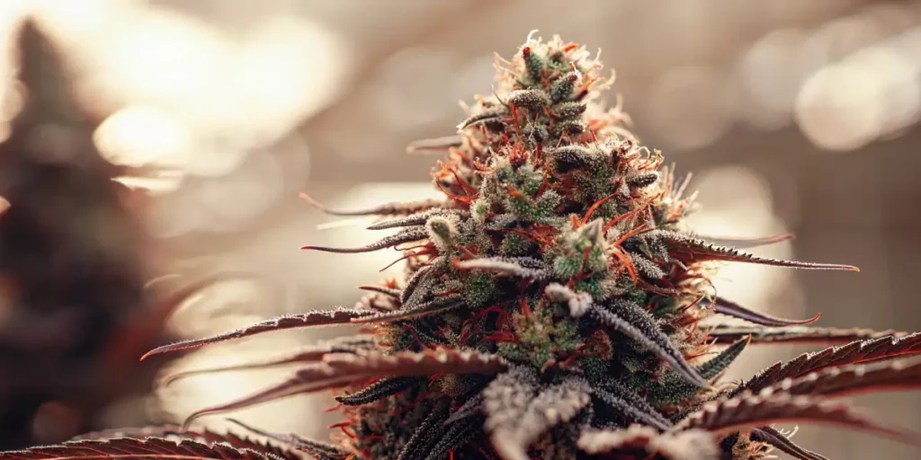A close-up of a cannabis plant with frosty trichomes, bright pistils, and structured leaves under artificial grow lights.