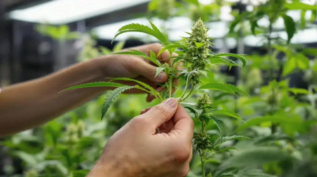 A grower applying low stress training to an autoflowering cannabis plant.