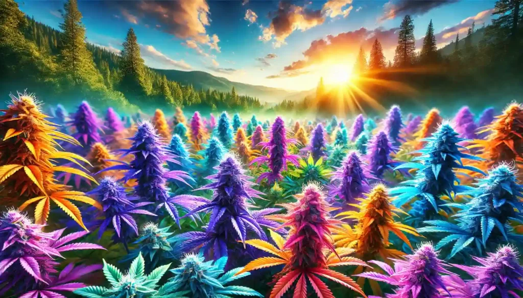 Vivid outdoor field of colorful cannabis strains with vibrant purple, orange, and blue hues under a glowing sunset