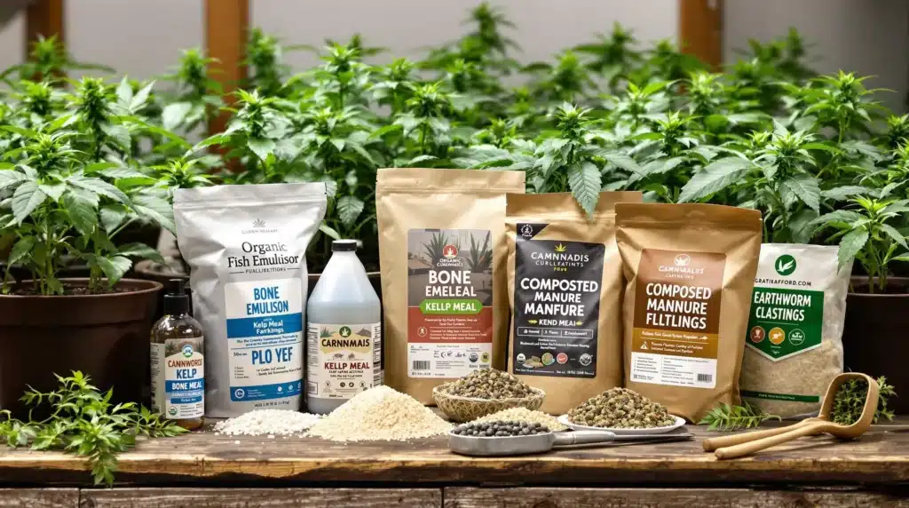A variety of organic nutrients and supplements for cannabis plants during flowering.
