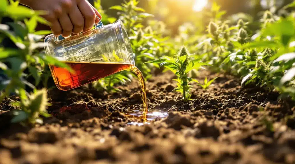 Organic nutrients being poured into cannabis plants during flowering stage.