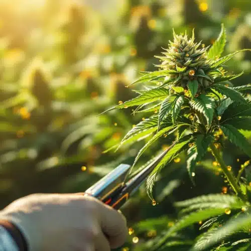 Person harvesting cannabis outdoors with trichomes transitioning to amber